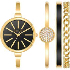 👑Women's Gold-Tone Bangle with End Links Bracelet Set and Black Dial Watch